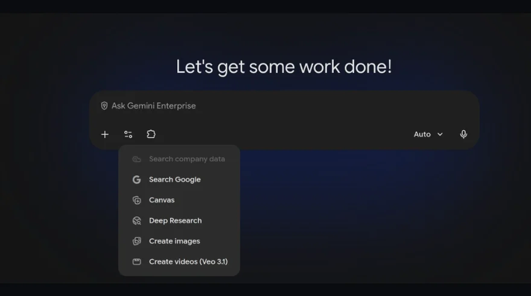 Antarmuka Gemini Enterprise dengan kolom Ask Gemini Enterprise dan menu Search company data, Search Google, Canvas, Deep Research, Create images, serta Create videos