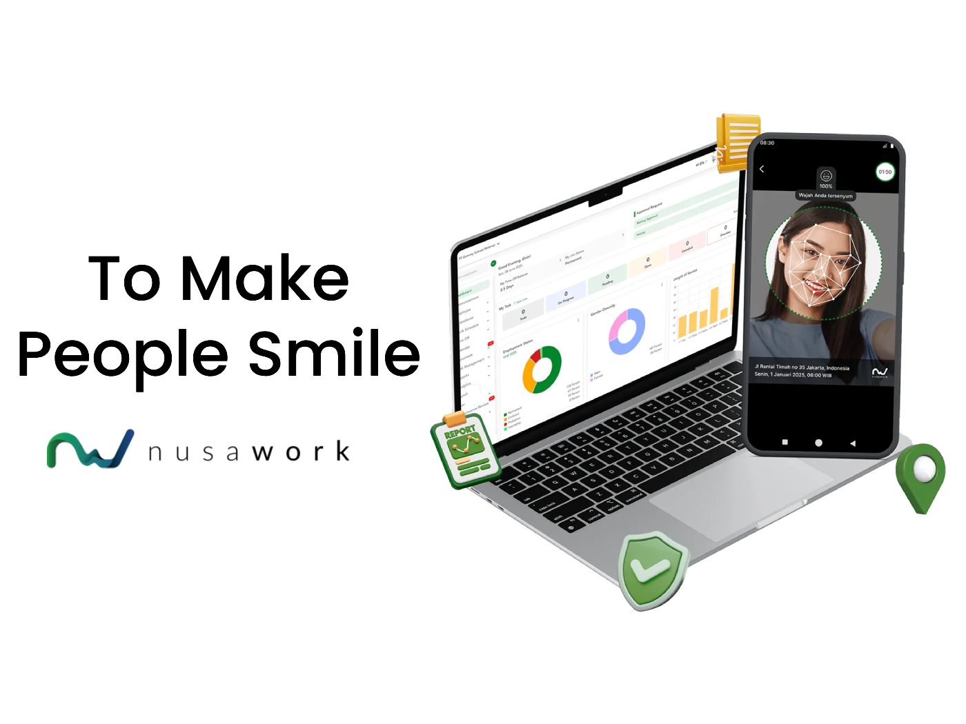 Ilustrasi aplikasi Nusawork HRIS dengan fitur absensi senyum